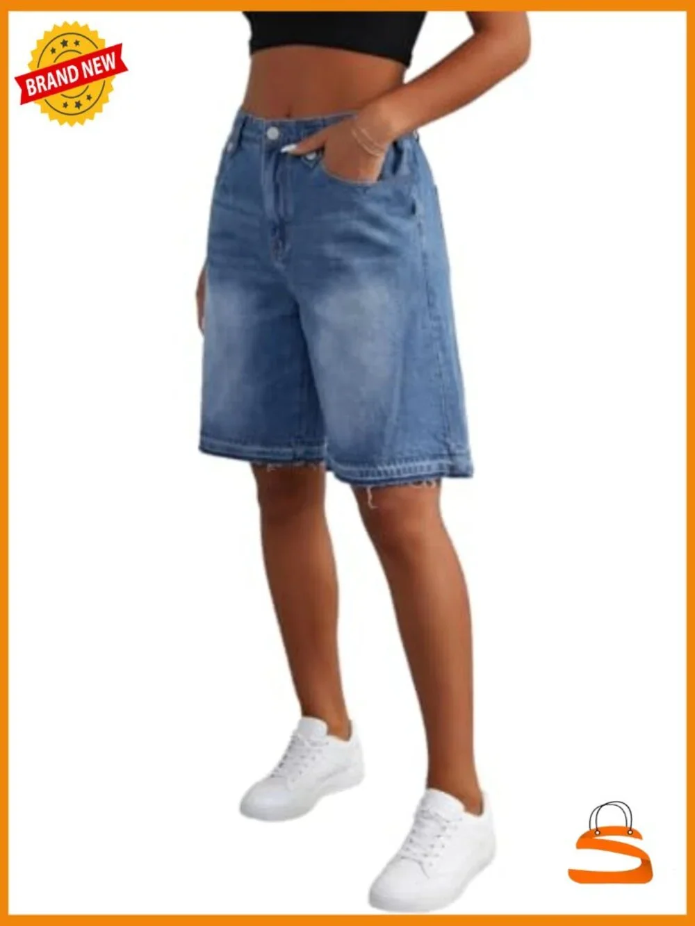 Women Plus Size Denim Bermuda Shorts High Waisted Baggy Knee Length Jorts